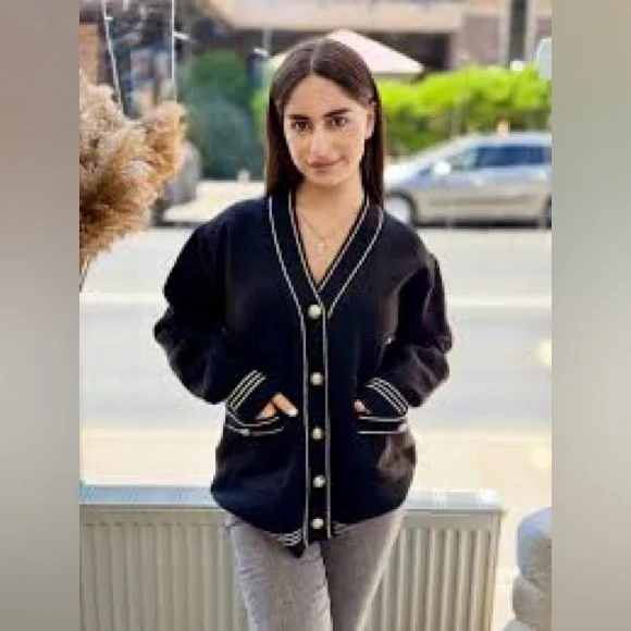 Vintage Sears V-Neck Cardigan with Gold Buttons and Metallic Trim - Picture 3 of 12